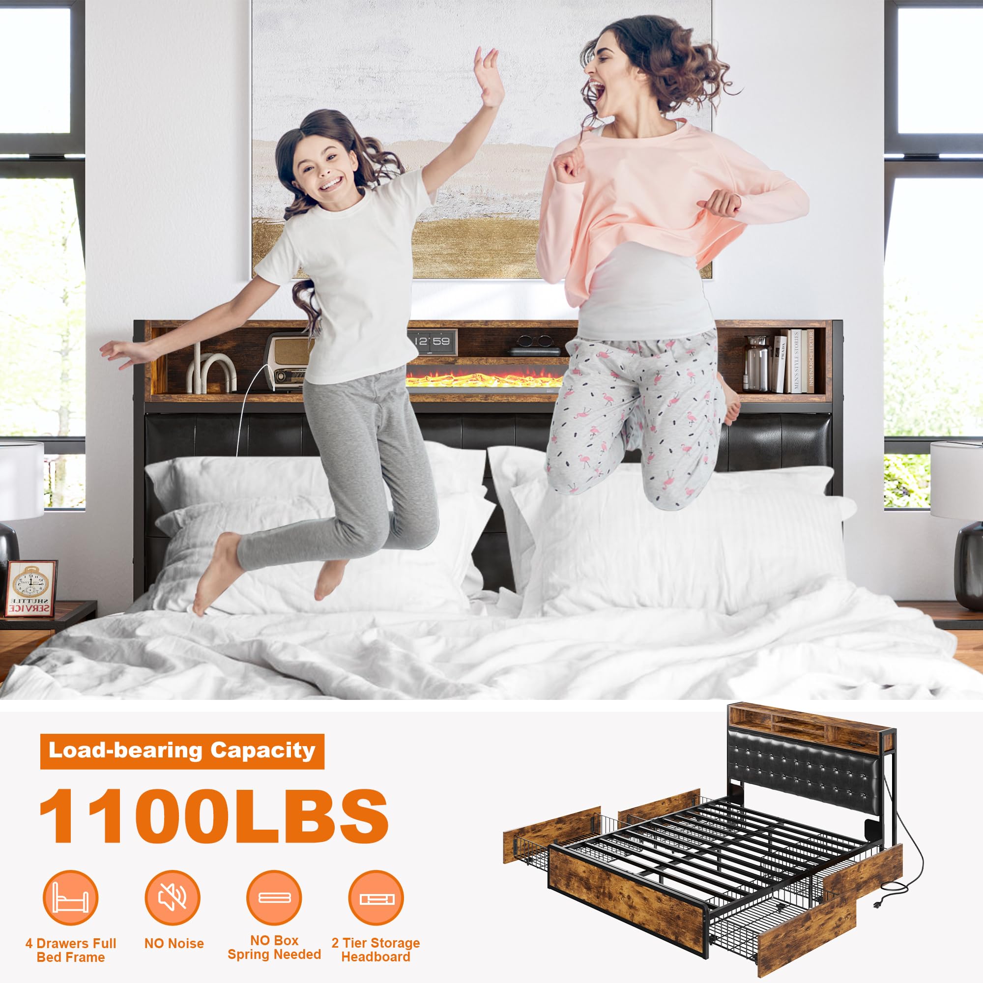 Full Bed Frame with Storage Drawers & Charging Station