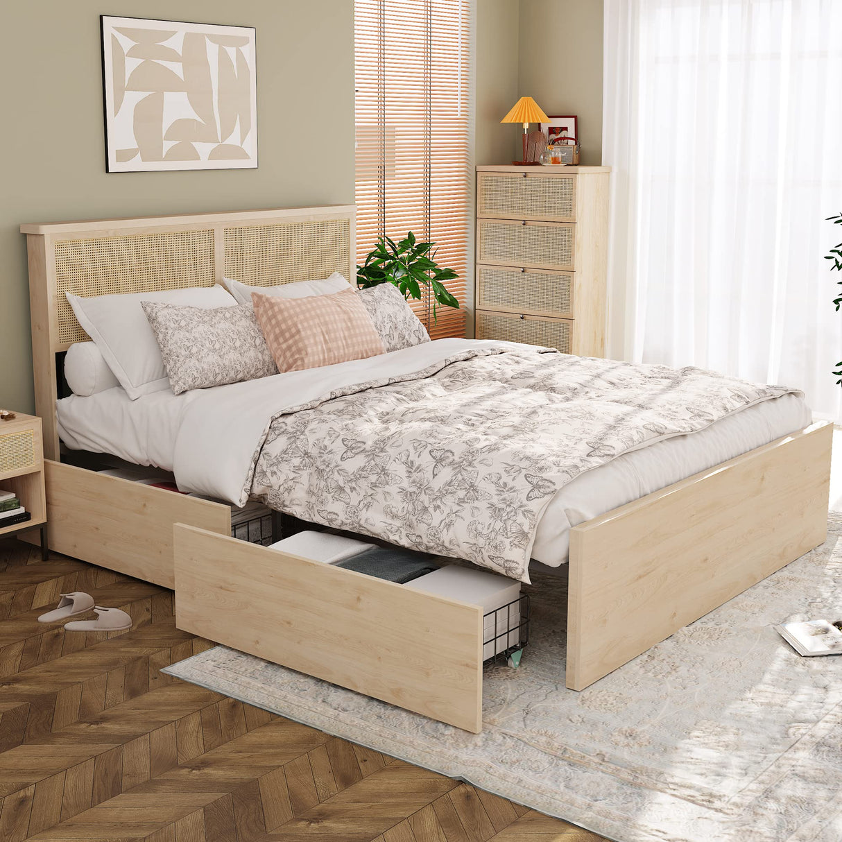 Yechen Queen Bed Frame with Natural Rattan Headboard and Wooden 4 Storage Drawers, Metal Platform with Strong Wooden Slats Support, Boho Cane Bed Mattress Foundation, No Box Spring Needed