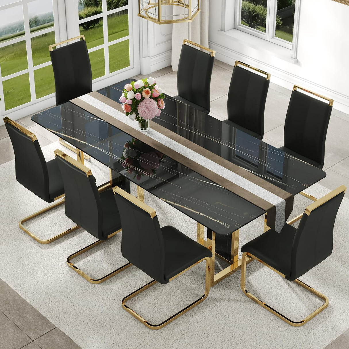 79'' Modern Dining Table Set for 8,Black Kitchen Table Set,Luxury Dining Table Set