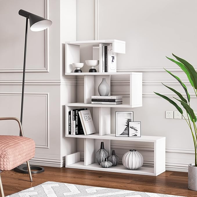 Longway Modern White Bookcase, Farmhouse Bookshelf, Modern Freestanding