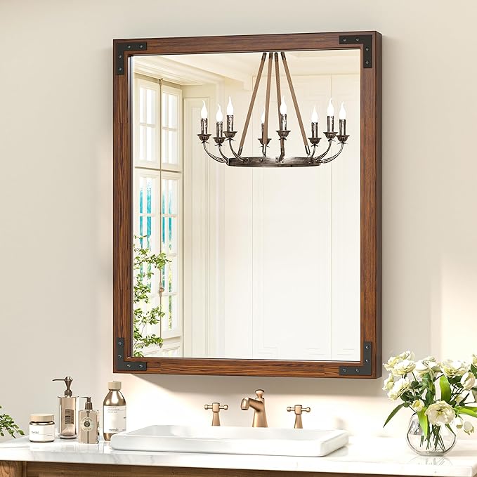 40 x 30 Inches Wood Frame Mirror for Wall, Dark Brown Walnut Wood Farmhouse Bathroom