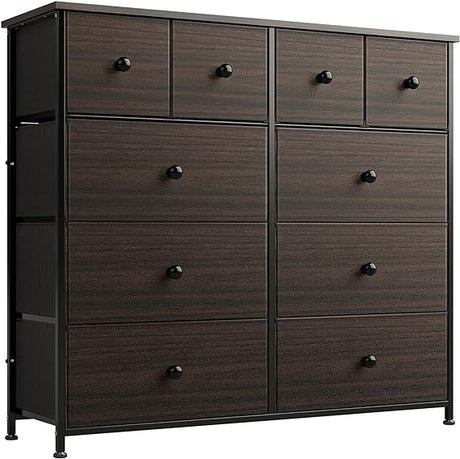 10 Drawer Dresser for Bedroom Fabric Storage Tower Wide Black Dresser with Wood