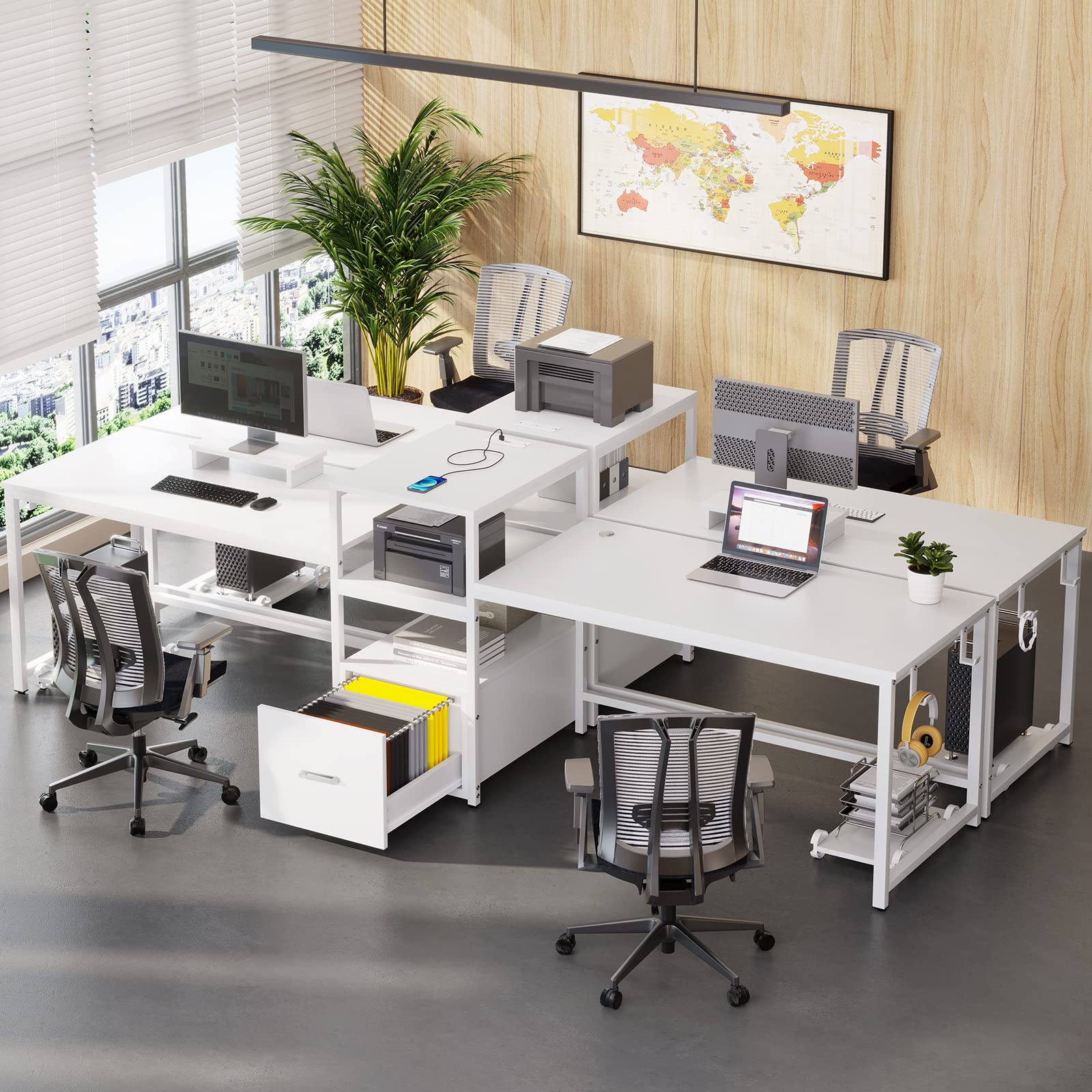 98" Home Office Desk, White Computer Desk with Letter/A4 File Drawer & Power Strip with USB, 2 Person Long Desk with Storage, Printer Shelf & Monitor Stand for Home Office, White