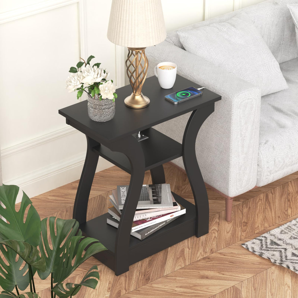 End table with Charging Station, Side Table with USB Ports and Outlets, Nightstand