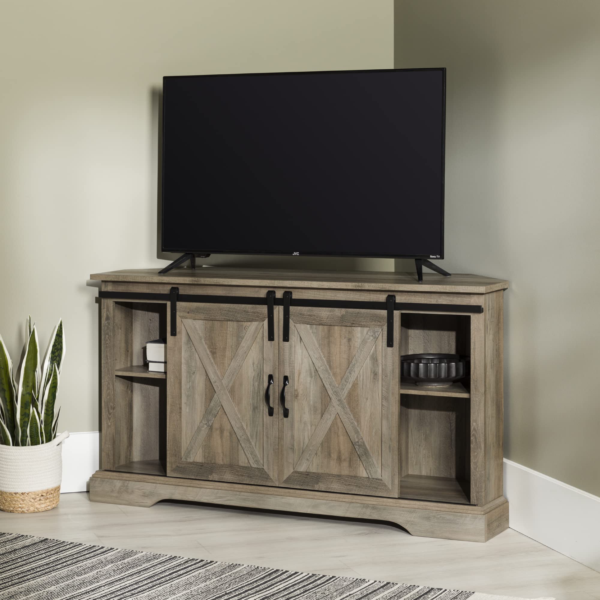 Everette Modern Farmhouse Double Sliding X Barn Door Stand for TVs up to 58 Inches,