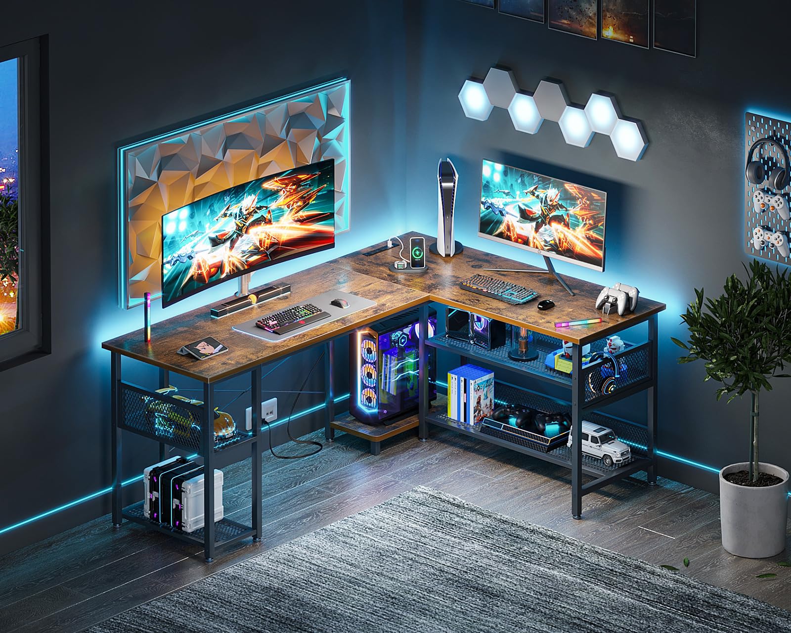 59" L Shaped Desk with Power Outlet and USB Charging Ports, Reversible L Shaped Computer Desk