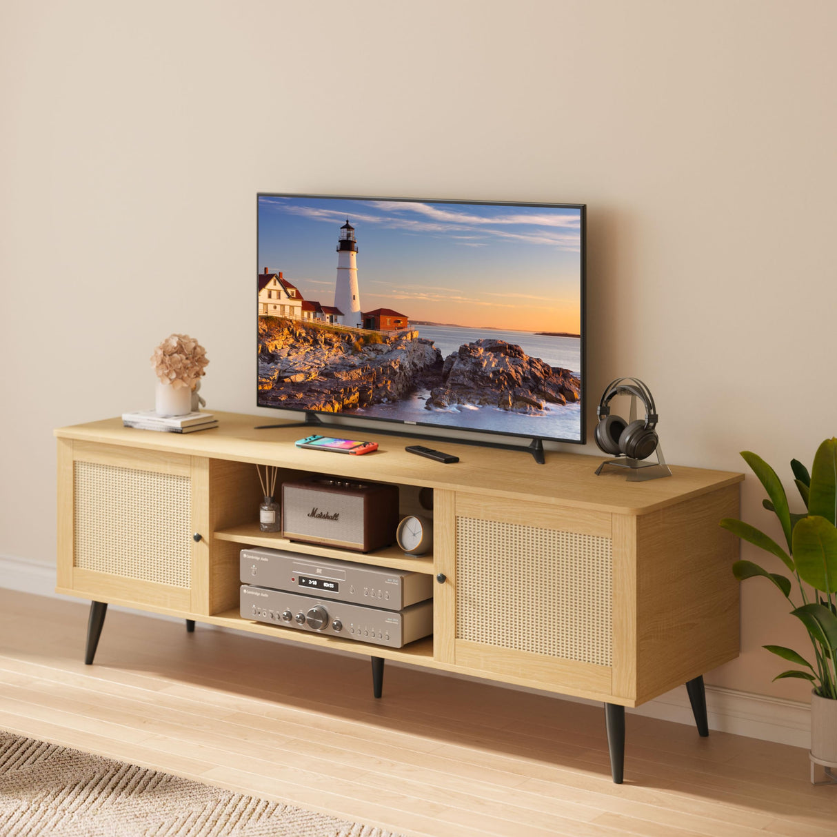 TV Stand for Living Room, for 55 Inch TV, Rattan Entertainment Center with 2 Cabinets,