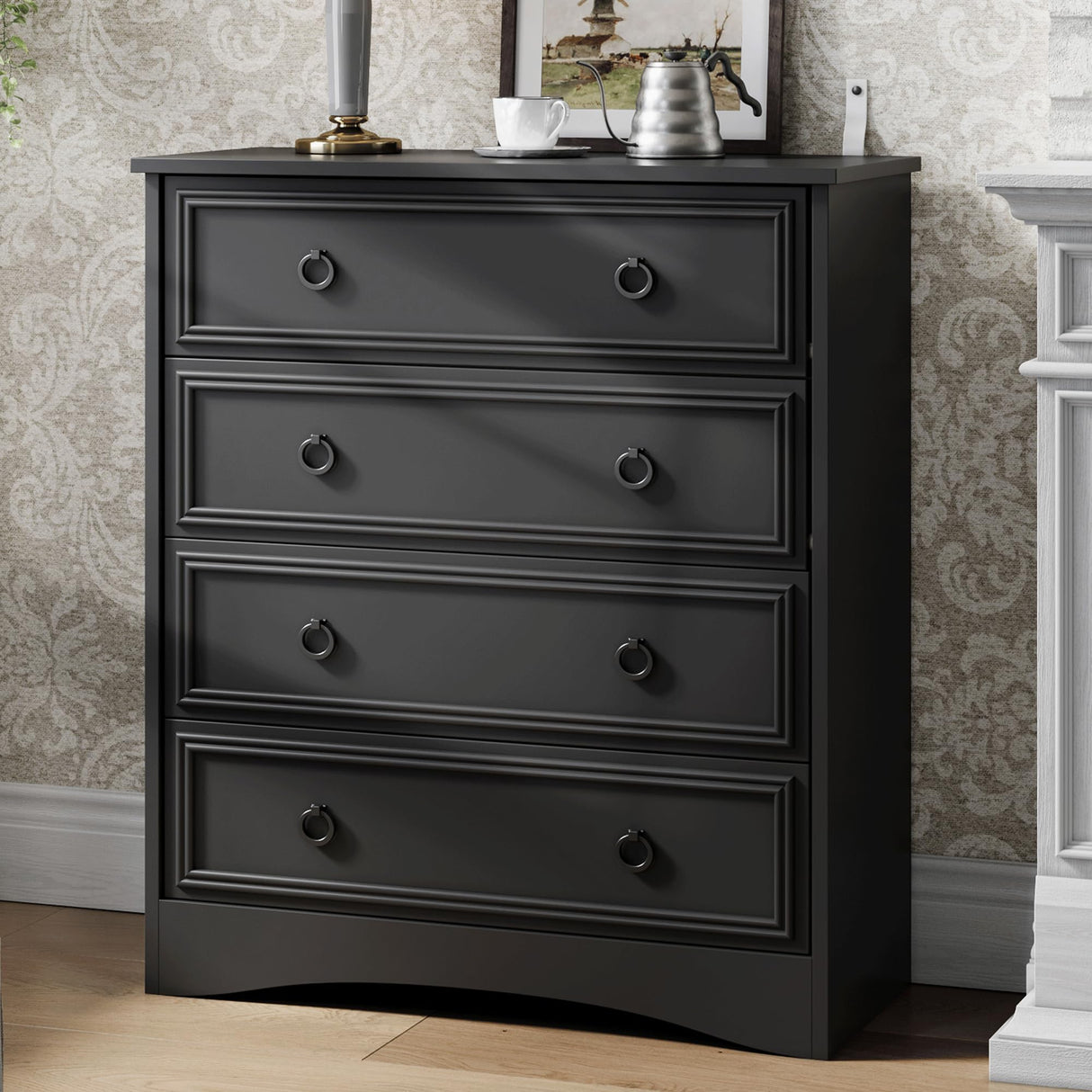 Tall Black Dresser for Bedroom, 4 Drawer Wood Dresser for Closet, Modern Chest of Drawers