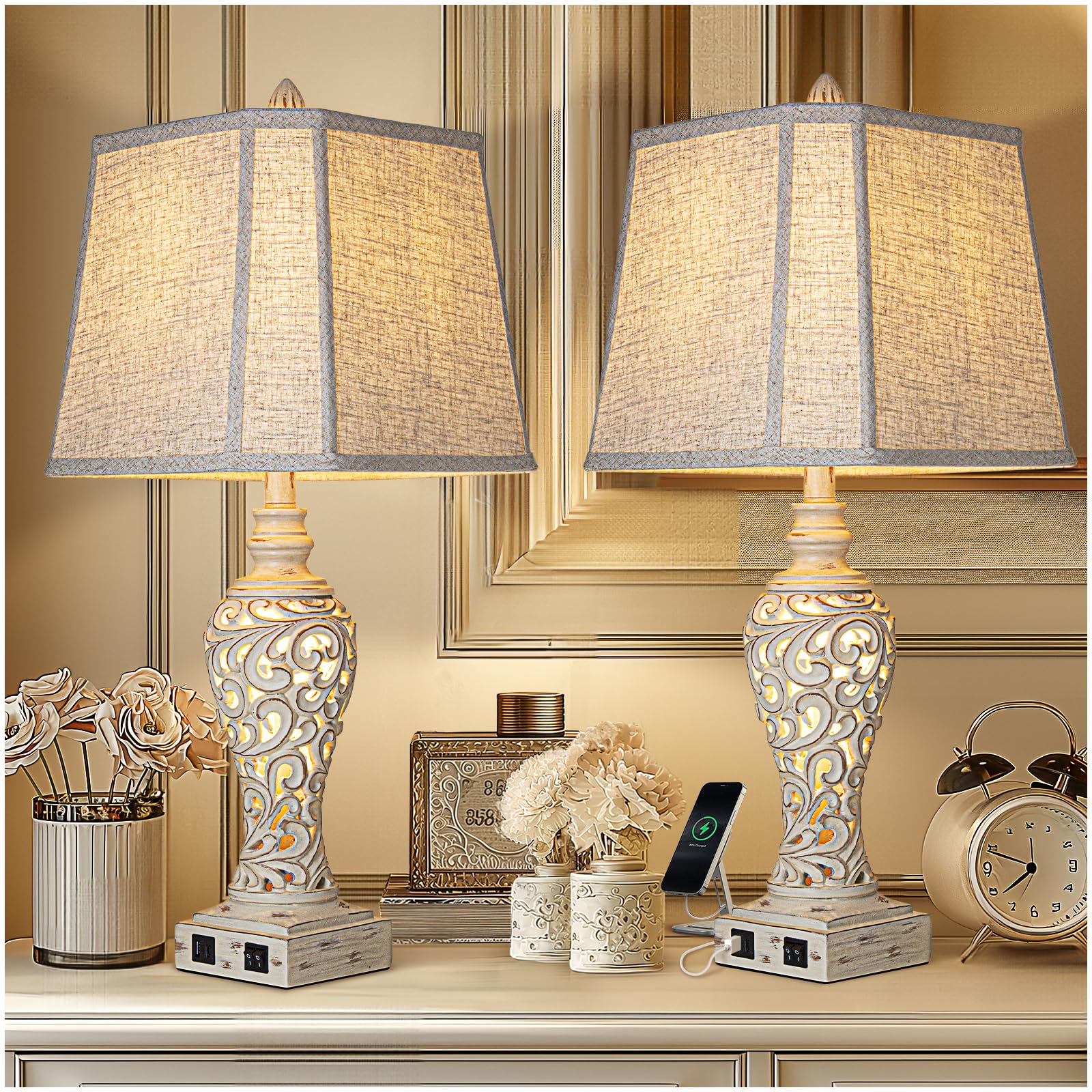 27'' High Vintage Table Lamp Set of 2 for Living Room Farmhouse Bedside Lamp with Fabric Shades Boho Nightstand Lamp with USB and Nightlight for Bedroom Home Office Hotel Bar (Led Bulb Included)