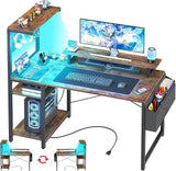 Gaming Desk with Power Outlets & Pegboard & Led Light, 43 Inch Computer Desk with Reversible Storage Shelves & Side Storage Bag, PC Gamer Desk with Hutch & Monitor Stand, Rustic Brown