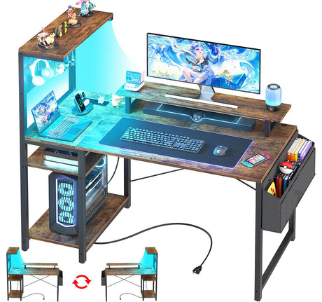 Gaming Desk with Power Outlets & Pegboard & Led Light, 43 Inch Computer Desk with Reversible Storage Shelves & Side Storage Bag, PC Gamer Desk with Hutch & Monitor Stand, Rustic Brown