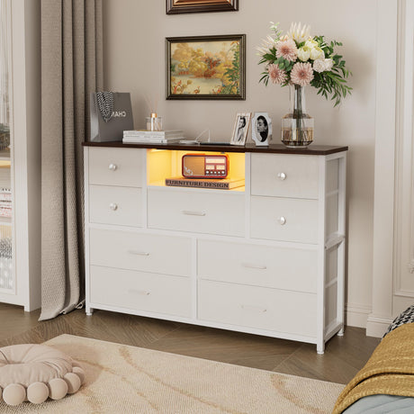 Dresser, White Dresser for Bedroom with LED Lights & Charging Station, TV Stand Dresser