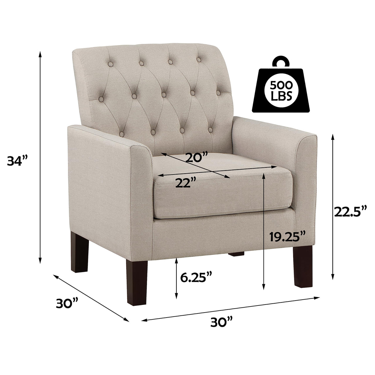 Rosevera Keene 30”Accent Chair Fabric Upholstered Comfy Arm Chair Tufted Comfy for Reading in Bedroom,Living Room, Small Sofa Chair,Armchair for Small Space,Wood Legs,Linen Beige