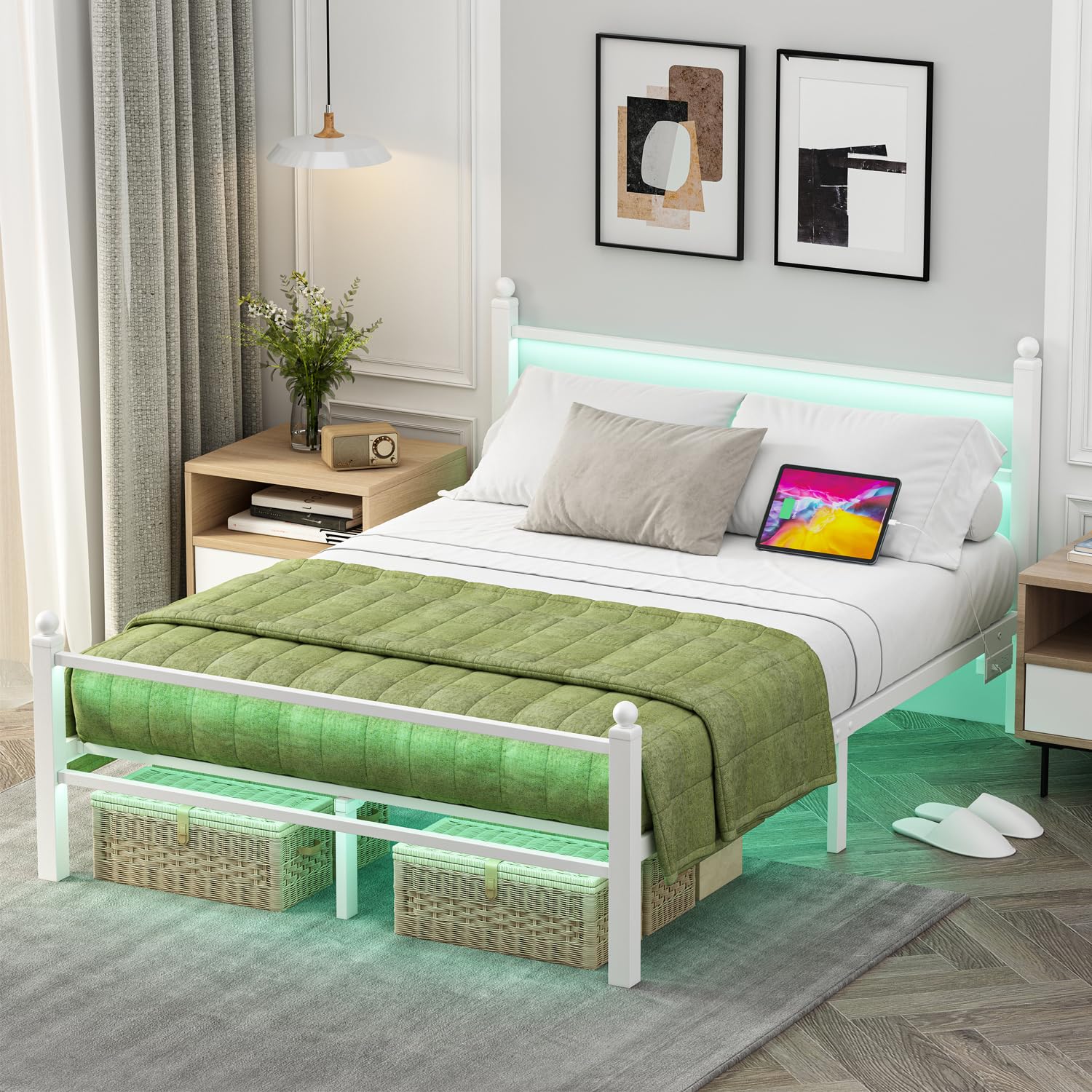 Full Size Metal Bed Frame with LED Lights & Charging Station - White