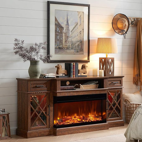 3-Sided Farmhouse Electric Fireplace TV Stand for TVs up to 80'', Highboy Entertainment Center