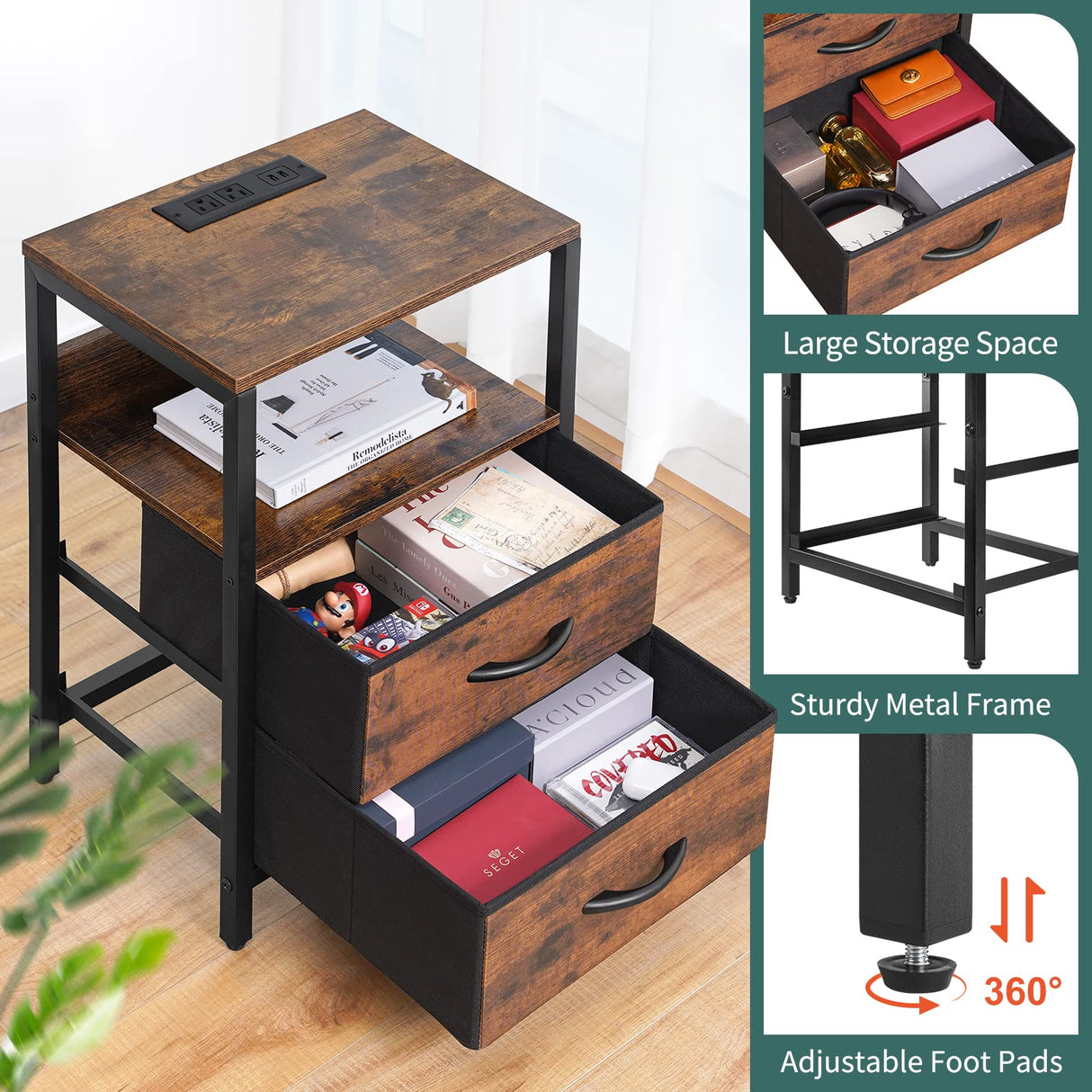 Nightstand with Charging Station, Small Night Stand with Fabric Drawers