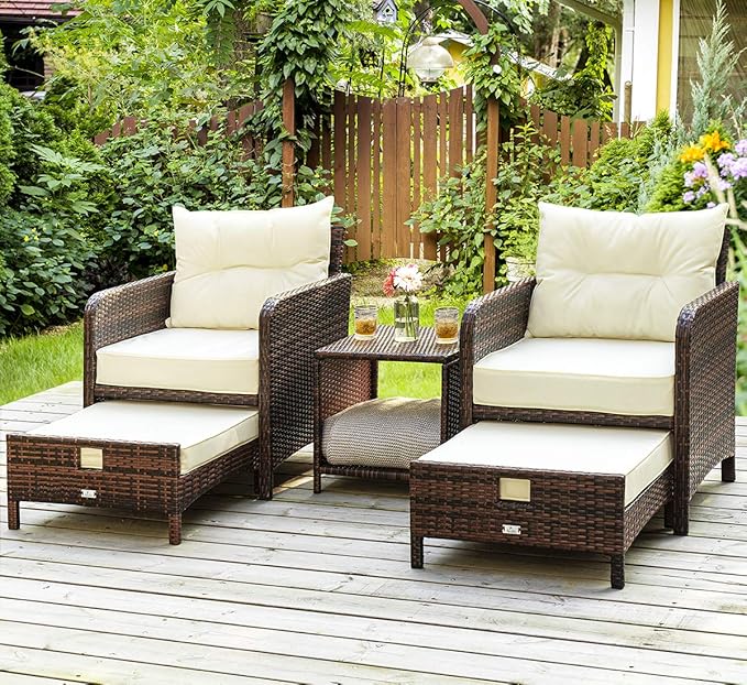 5 Piece Outdoor Patio Bistro Set with Ottoman, Patio Conversation Sets with Tempered Glass Top Side Table