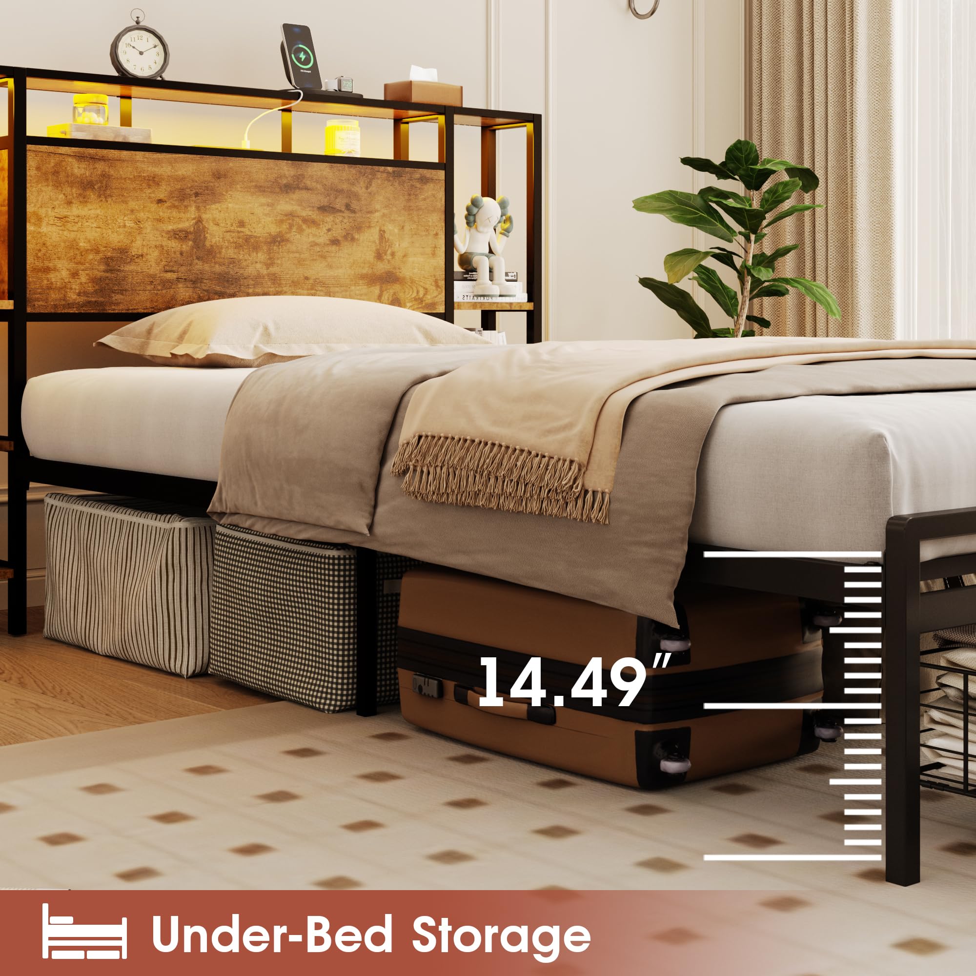 Maupvit Twin Bed Frame with 3-Tier Storage Shelves, Storage Drawer and Headboard, Twin Size Bed with Charging Station & LED Lights, Metal Platform Bed with Storage, No Box Spring Needed, Brown