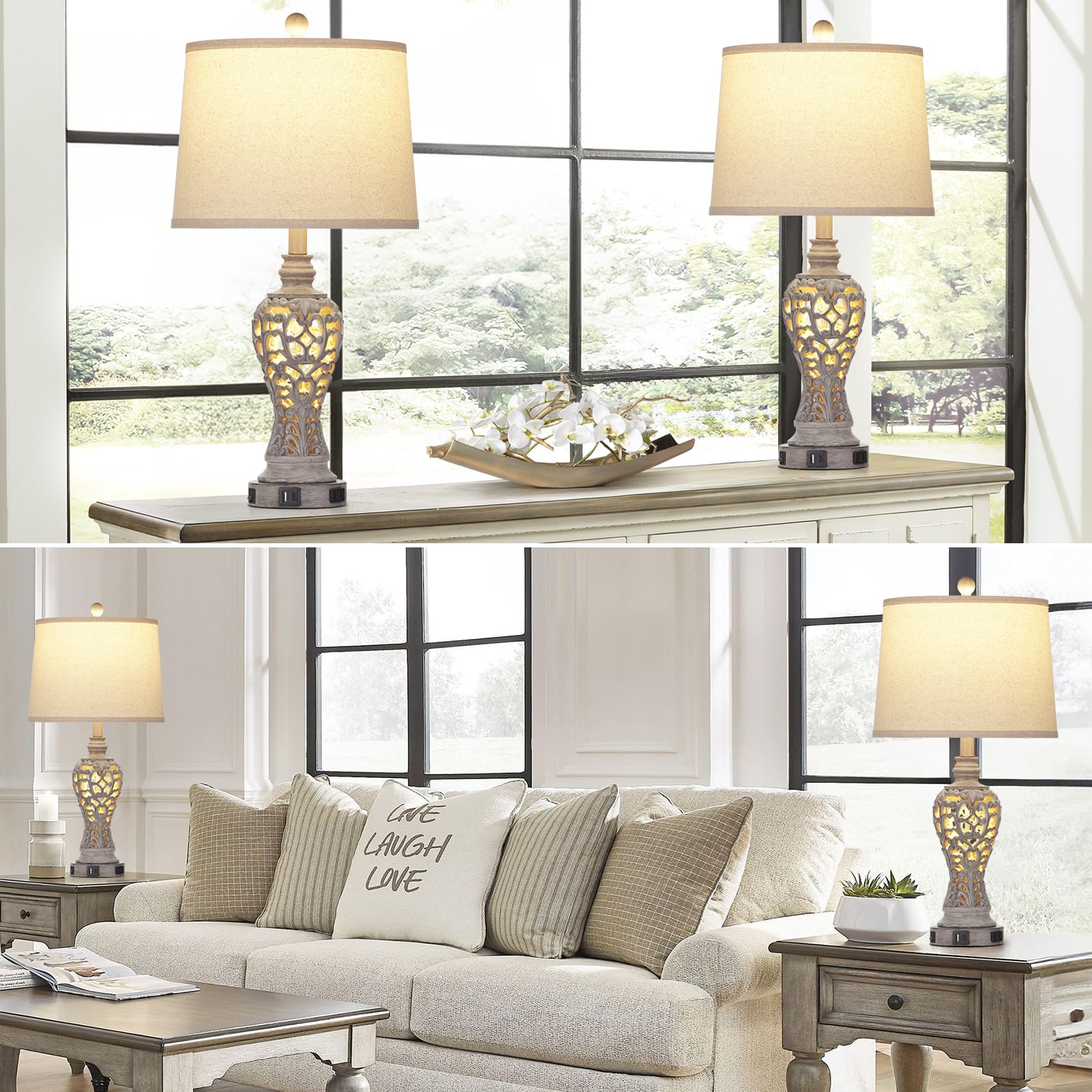 Farmhouse Table Lamps Set of 2 with Nightlight, Rustic Bedside Lamps