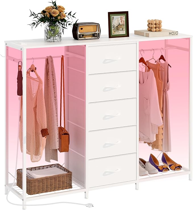 Dresser for Bedroom with Clothes Rack 5 Drawer Dresser with Charging Station LED Lights White Chest of Drawers Flexible Shelf and Open Storage