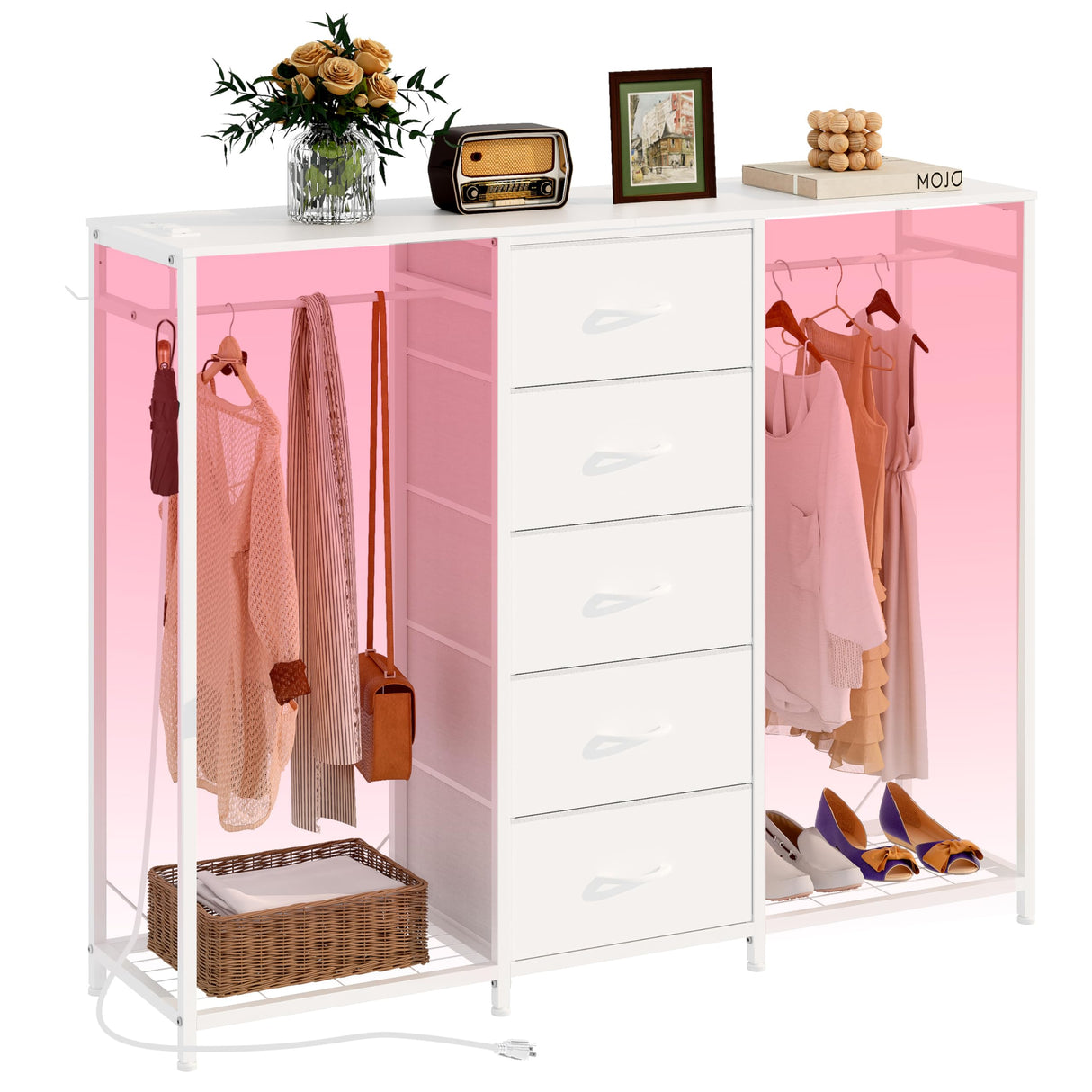 Dresser for Bedroom with Clothes Rack 5 Drawer Dresser with Charging Station LED Lights White Chest of Drawers Flexible Shelf and Open Storage