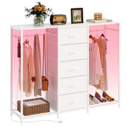 Dresser for Bedroom with Clothes Rack 5 Drawer Dresser with Charging Station LED Lights White Chest of Drawers Flexible Shelf and Open Storage