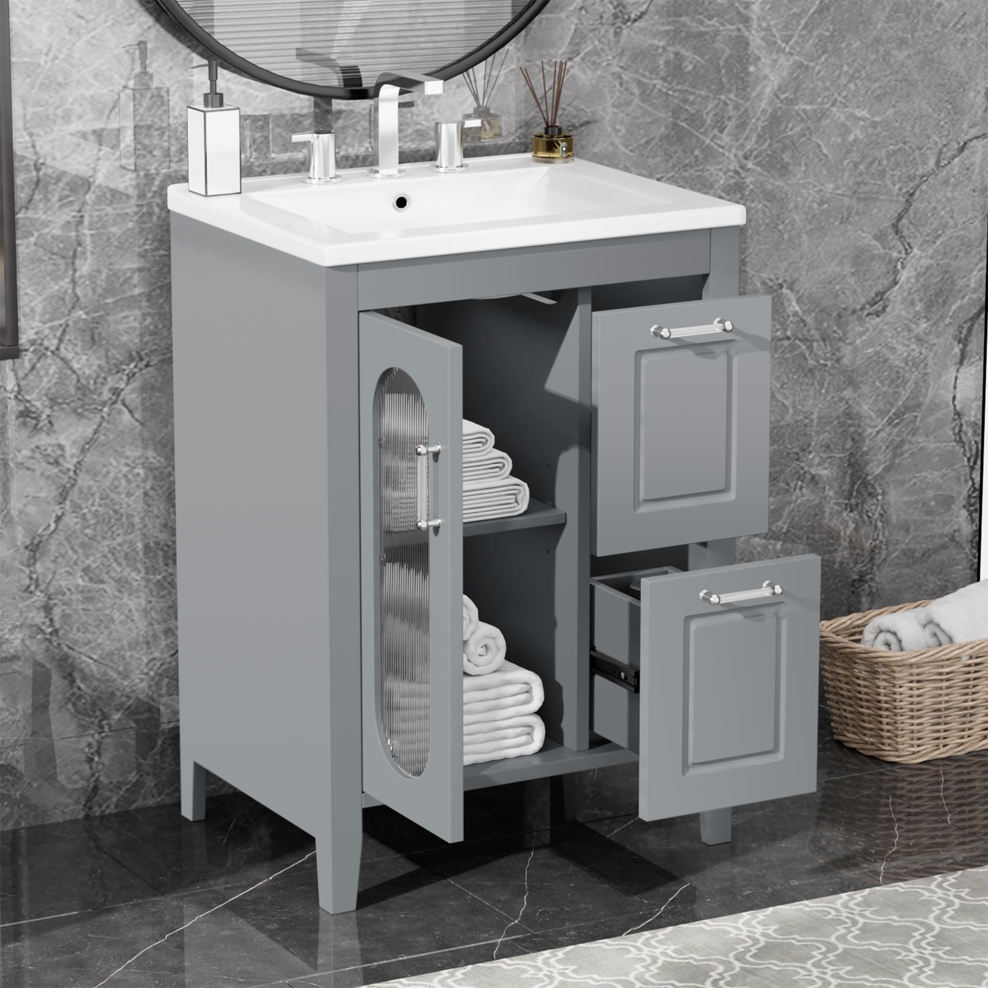 24" Bathroom Vanity with Sink, Free Standing Single Basin Vanity Set with Two Drawers
