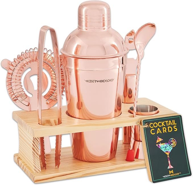 Mixology Bartender Kit - 8-Piece Gold Cocktail Shaker Set with Pine Wood Stand