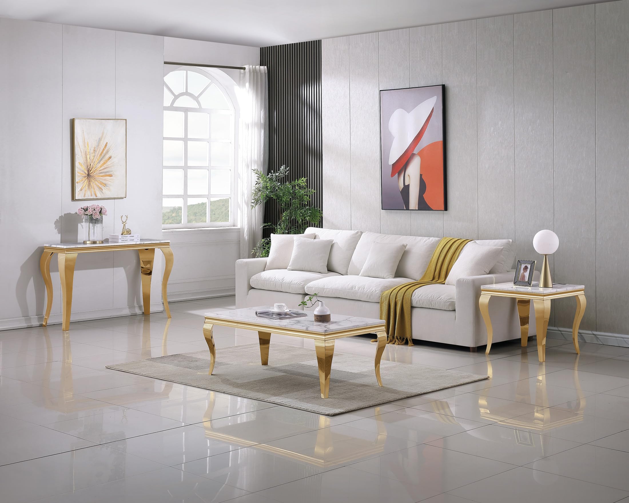 47" Coffee Table with White Marble Top, Modern Rectangle Faux Marble Coffee Table