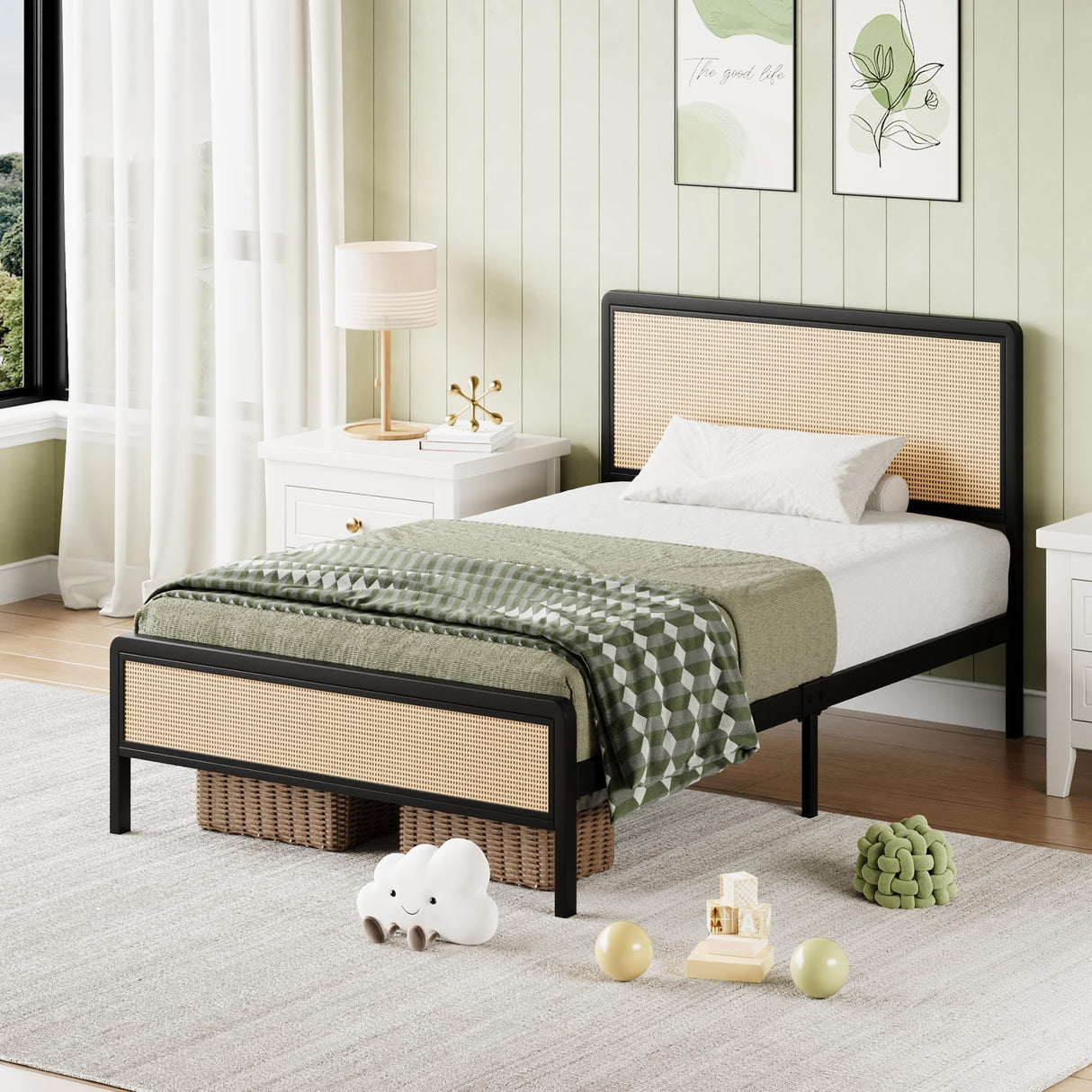 CHABUILDREARK Twin Bed Frame with Headboard, Rattan Bed Frame, Metal Platform Bed with Steel Slats Support, No Box Spring Required, Easy Assembly