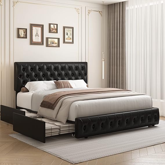 Queen Bed Frame with Storage and Adjustable Headboard, Bed Frame with 4 Drawers