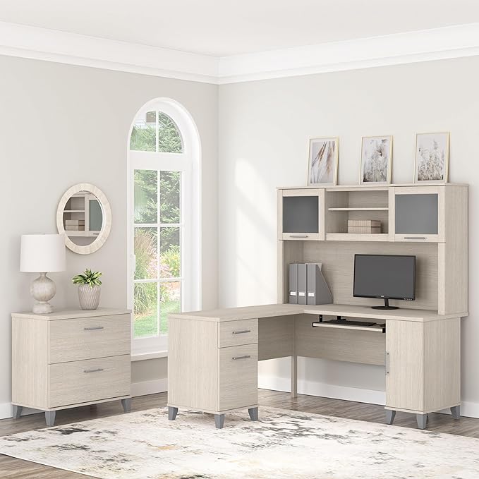 Somerset 60W L-Shaped Desk with Hutch & Lateral File Cabinet