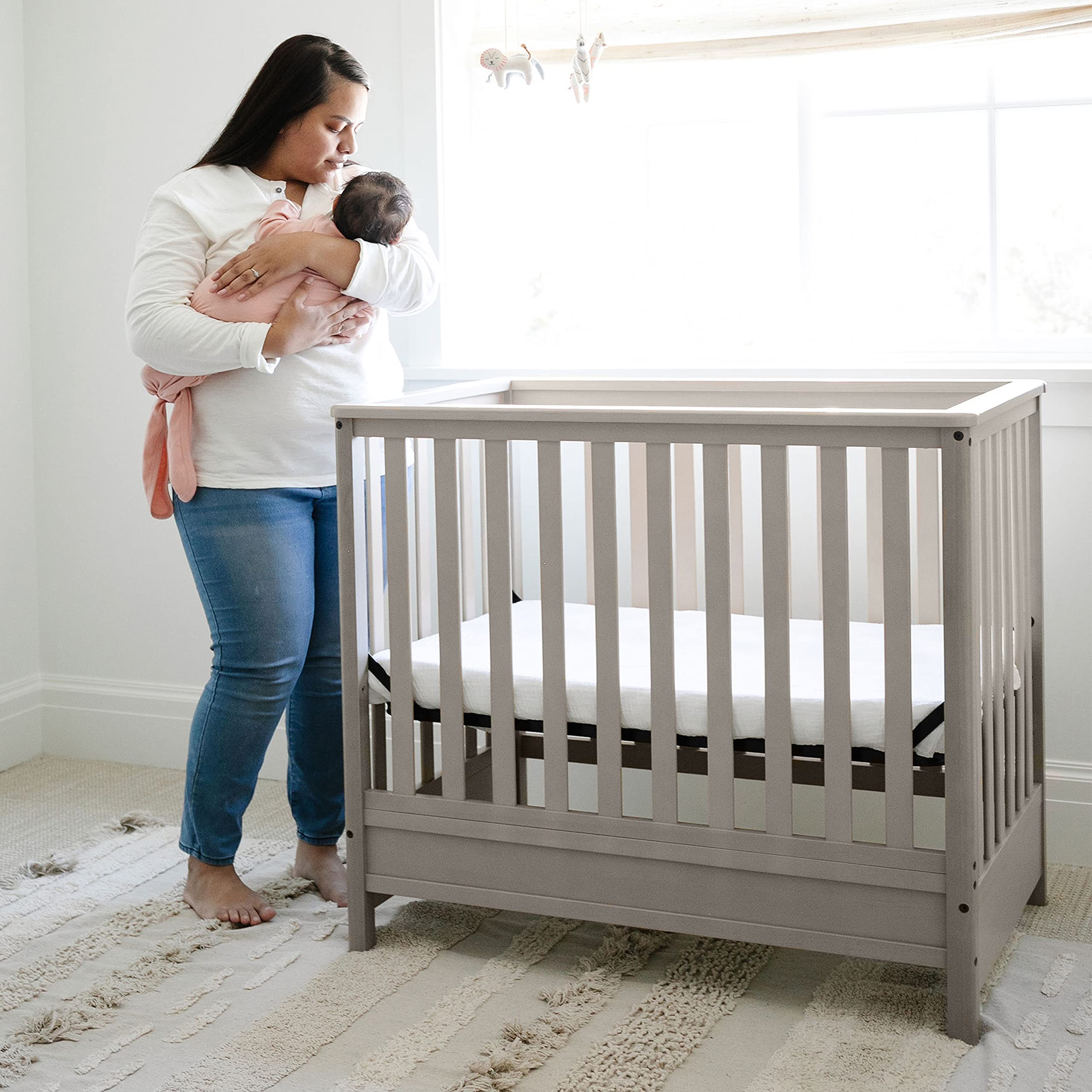 5-in-1 Convertible Mini Crib with 2.75'' Bonus Thick Mattress with Water-Resistant Cover