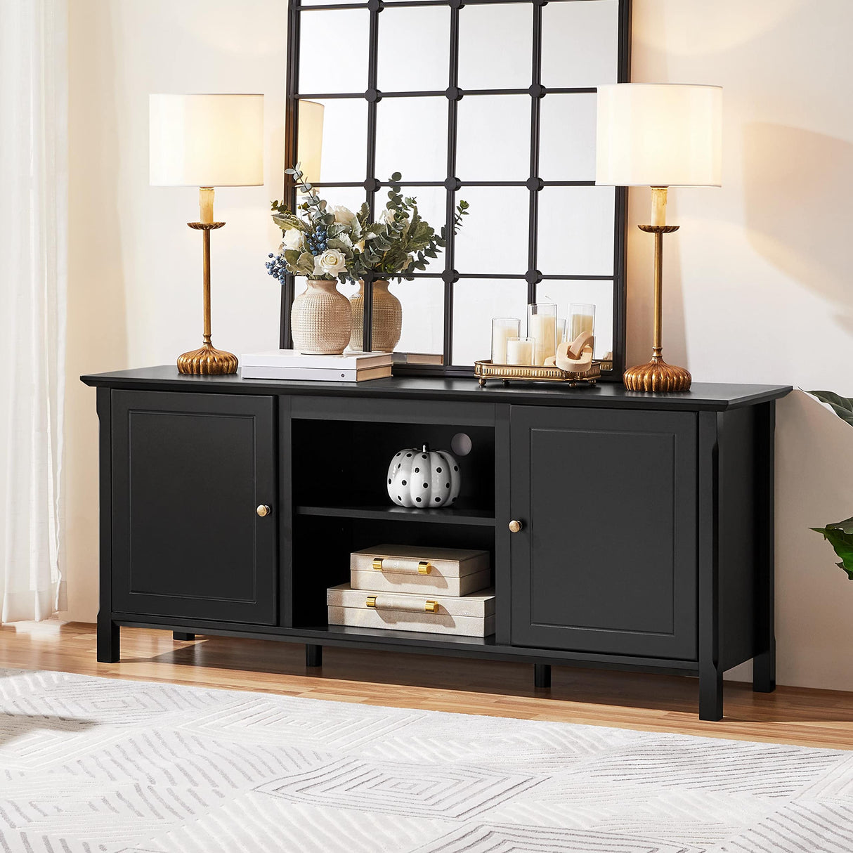 Black TV Stand for TVs up to 65 in, Modern Entertainment Center with Storage Space