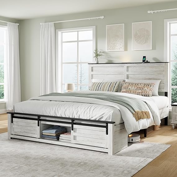 Queen Bed Frame with Wood Headboard & Charging Station