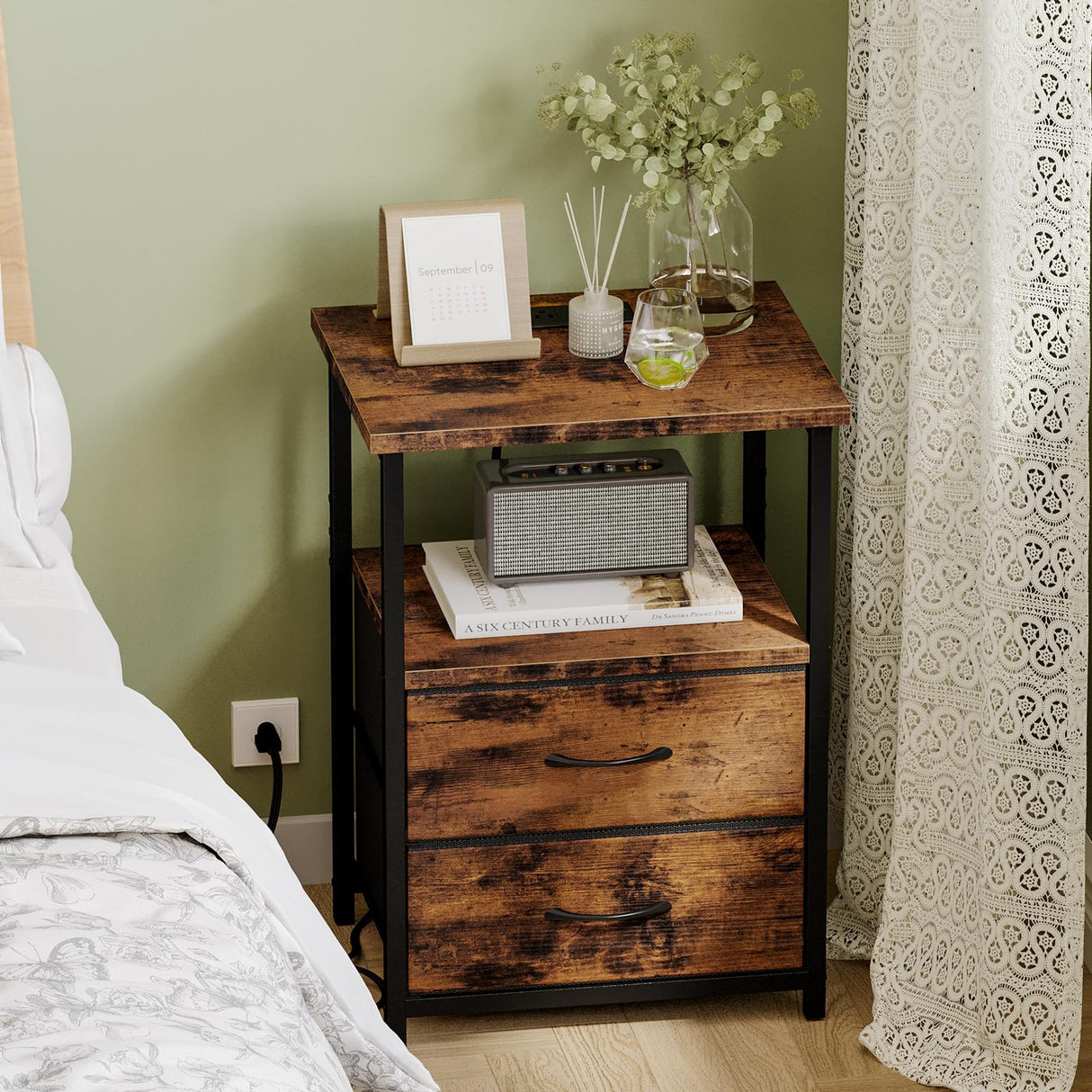 Night Stand with Charging Station, Nightstand with Fabric Drawers, Bedside Table with Storage for Bedroom, Rustic Brown