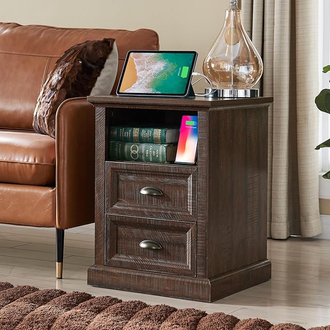 Farmhouse Nightstand with Charging Station, 3 Drawer Dresser for Bedroom