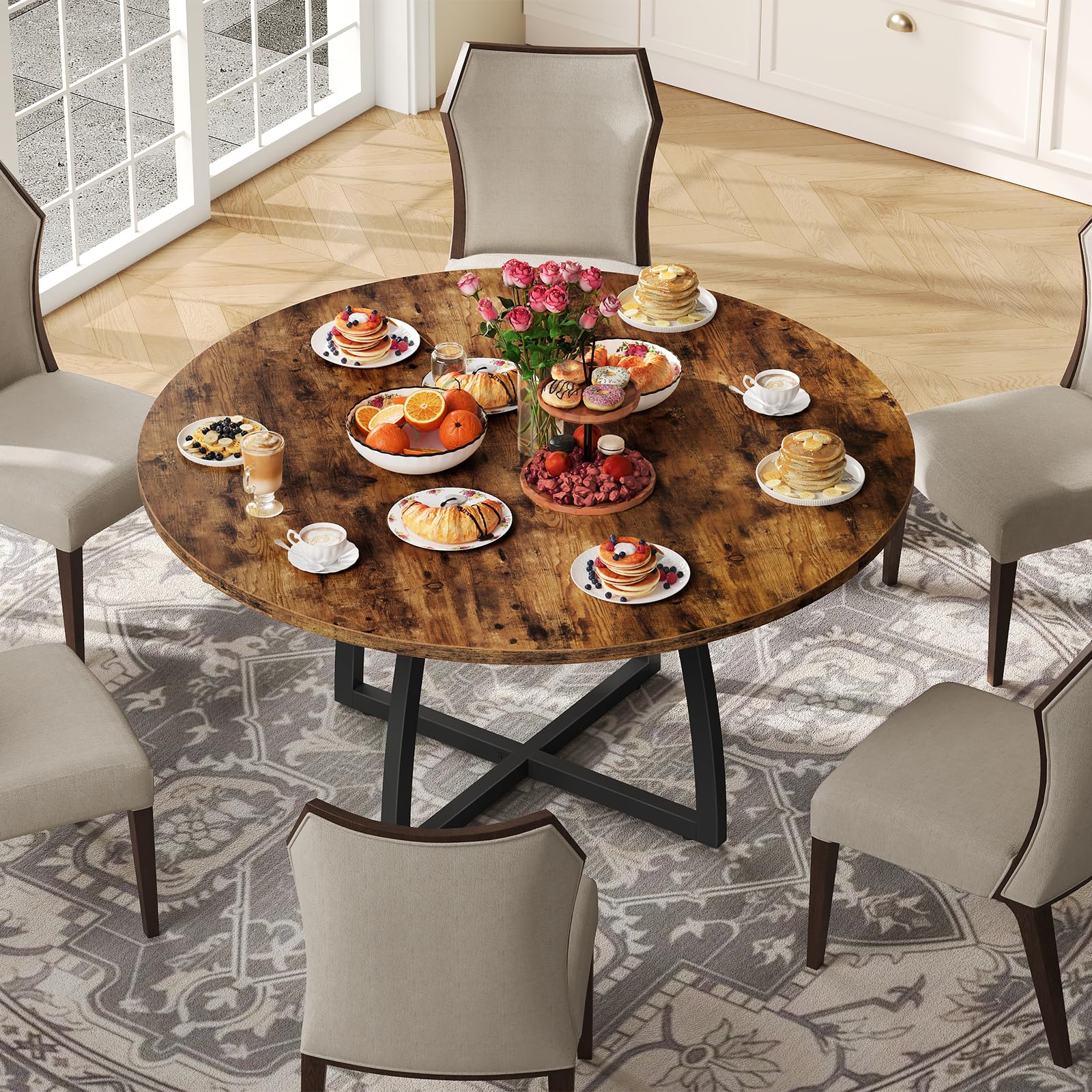 47.2 Inch Round Dining Table for 4-6 - Farmhouse Style with Curved Legs