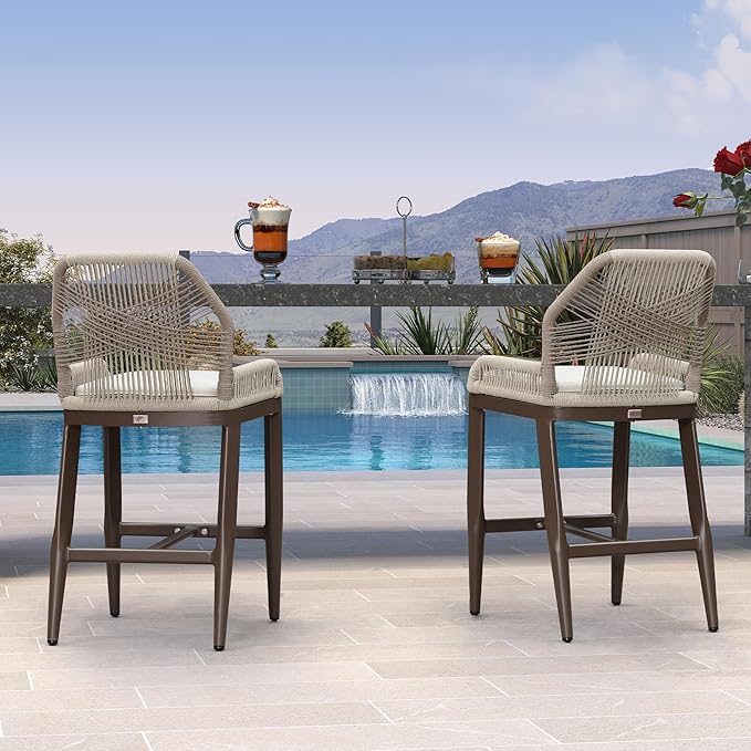 Patio Bar Stool Bar Height Set of 2 Outdoor Rattan Chairs with Back Modern Aluminum Woven Barstools