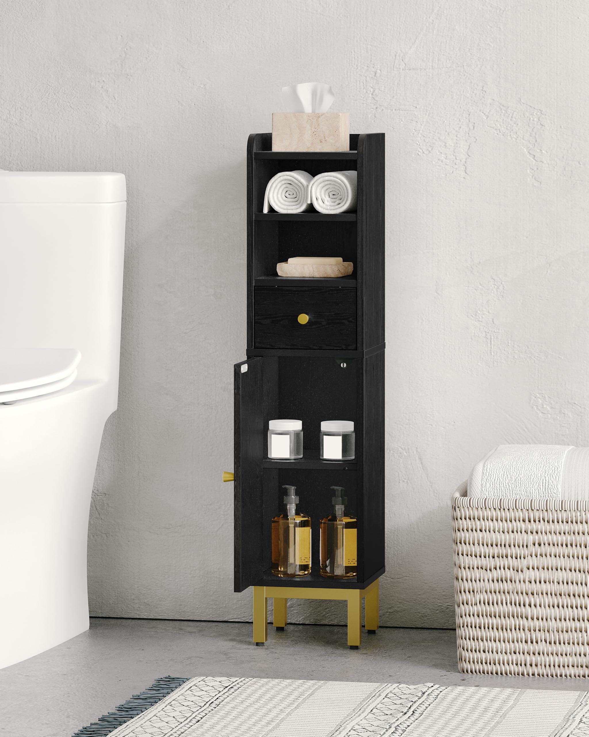 Bathroom Storage Cabinet, Corner Floor Cabinet with Drawers and Doors, Narrow Toilet