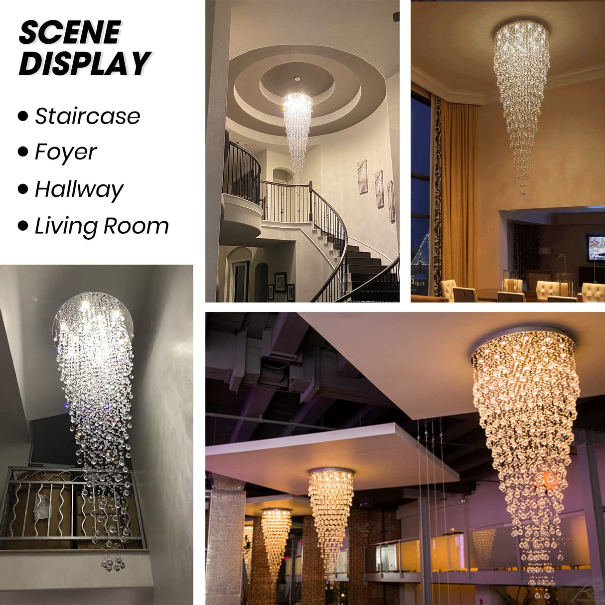 Modern Large Crystal Chandelier for High Ceilings, Raindrop Round Large Foyer