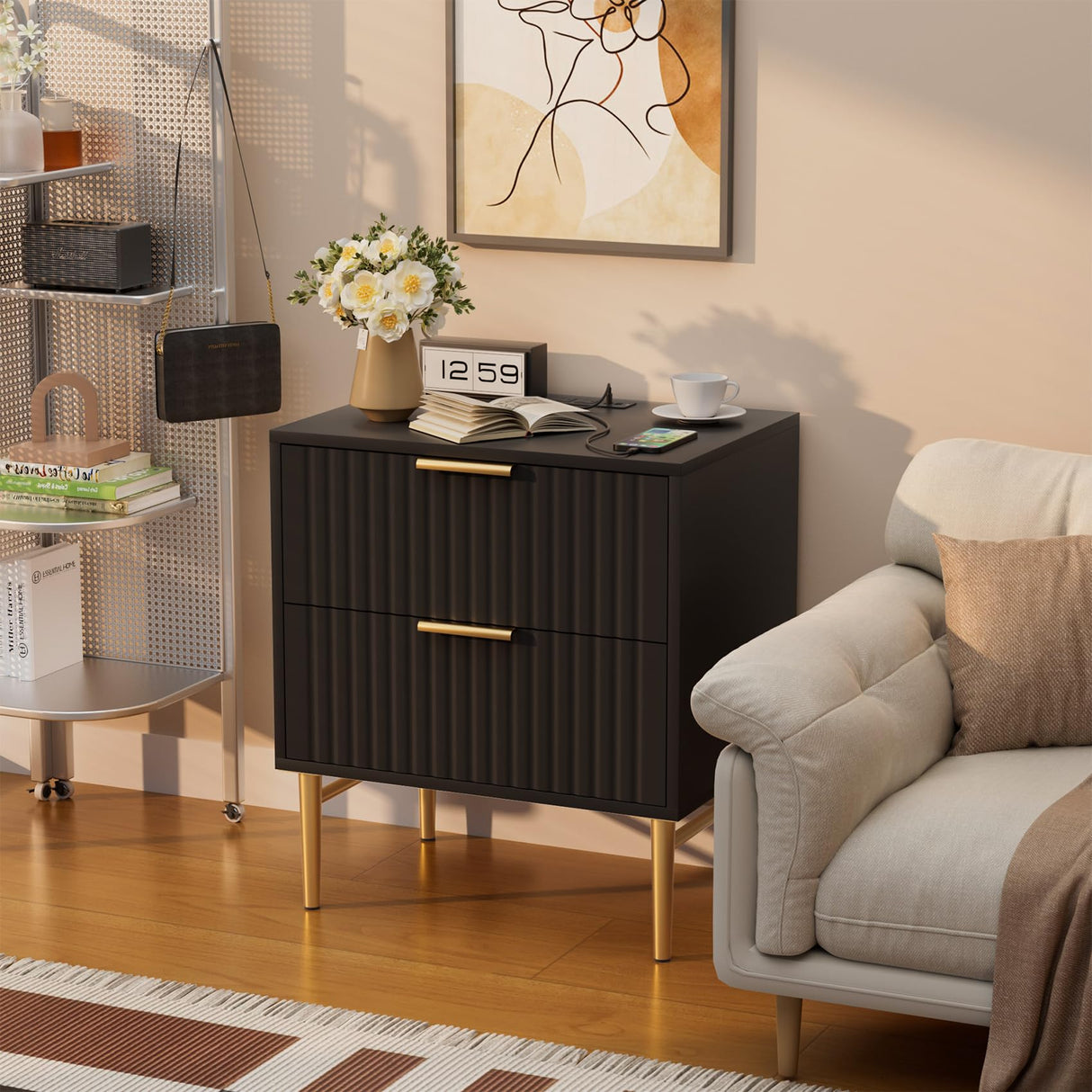 Black Nightstand Set of 2 with Charging Station, Fluted Nightstand with Drawers