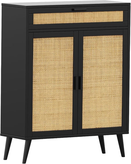 Accent Floor Storage Cabinet with Rattan Doors, Bathroom Cabinet with Large Drawer, Freestanding Storage Cabinet Organizer, Natural BMGZ107M