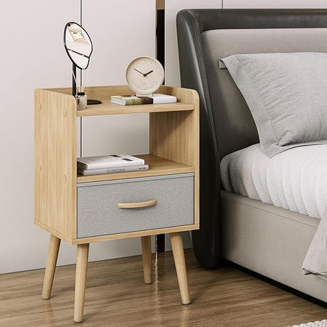 Nightstand with Fabric Drawer, Wooden Bedside Table with 3 Tier Storage