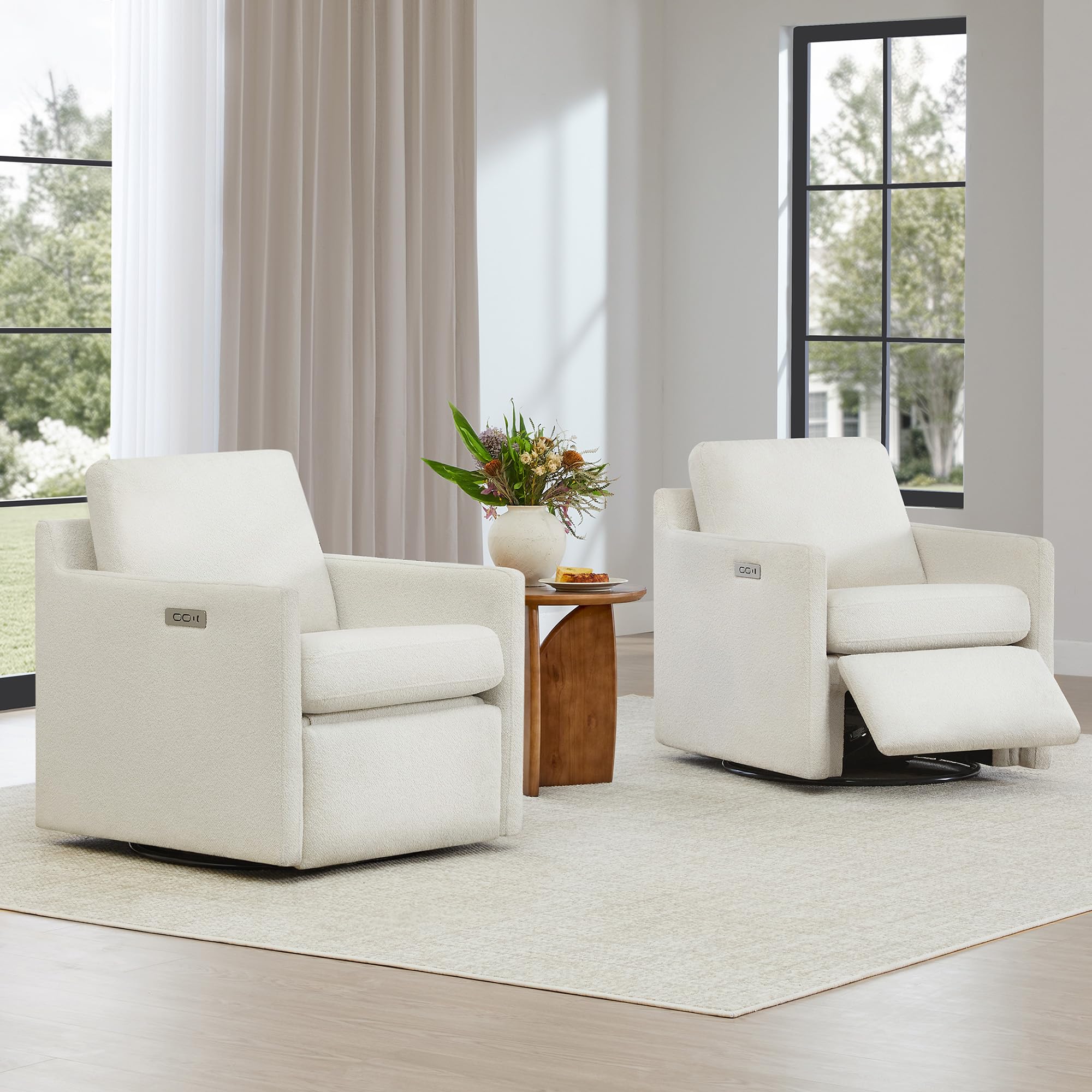 Swivel Accent Chair with Electric Footrests, FSC Certified Upholstered Living Room Sofa Chair with Power Motor, USB and Type-C Ports, Cream