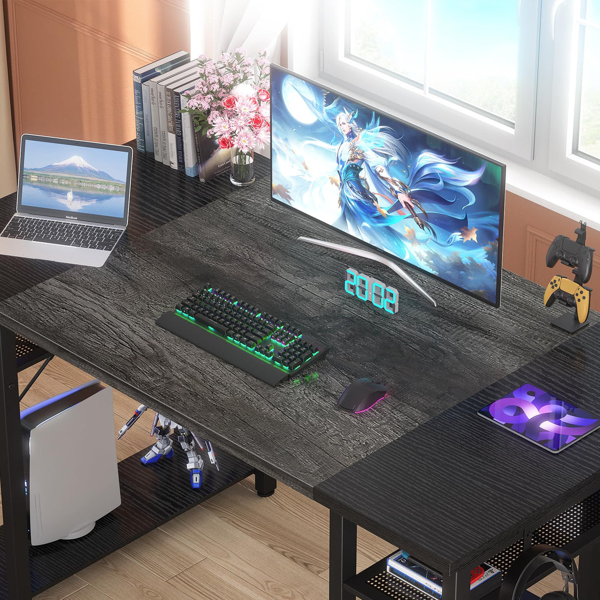 55.2 Inch Gaming Computer Desk, Large Office Desk with 4 Storage Shelves, 55.2'' Study