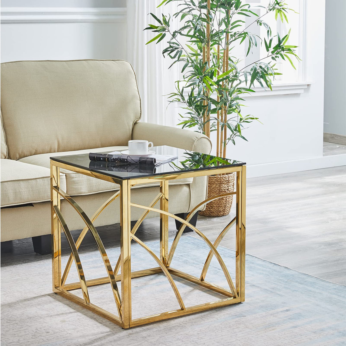 Accent Glass End Table Gold- Set of 1 Modern Square 21.45" Small Coffee Table Tempered