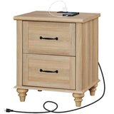 Nightstand Side Table with Charging Station, Light Wood End Table