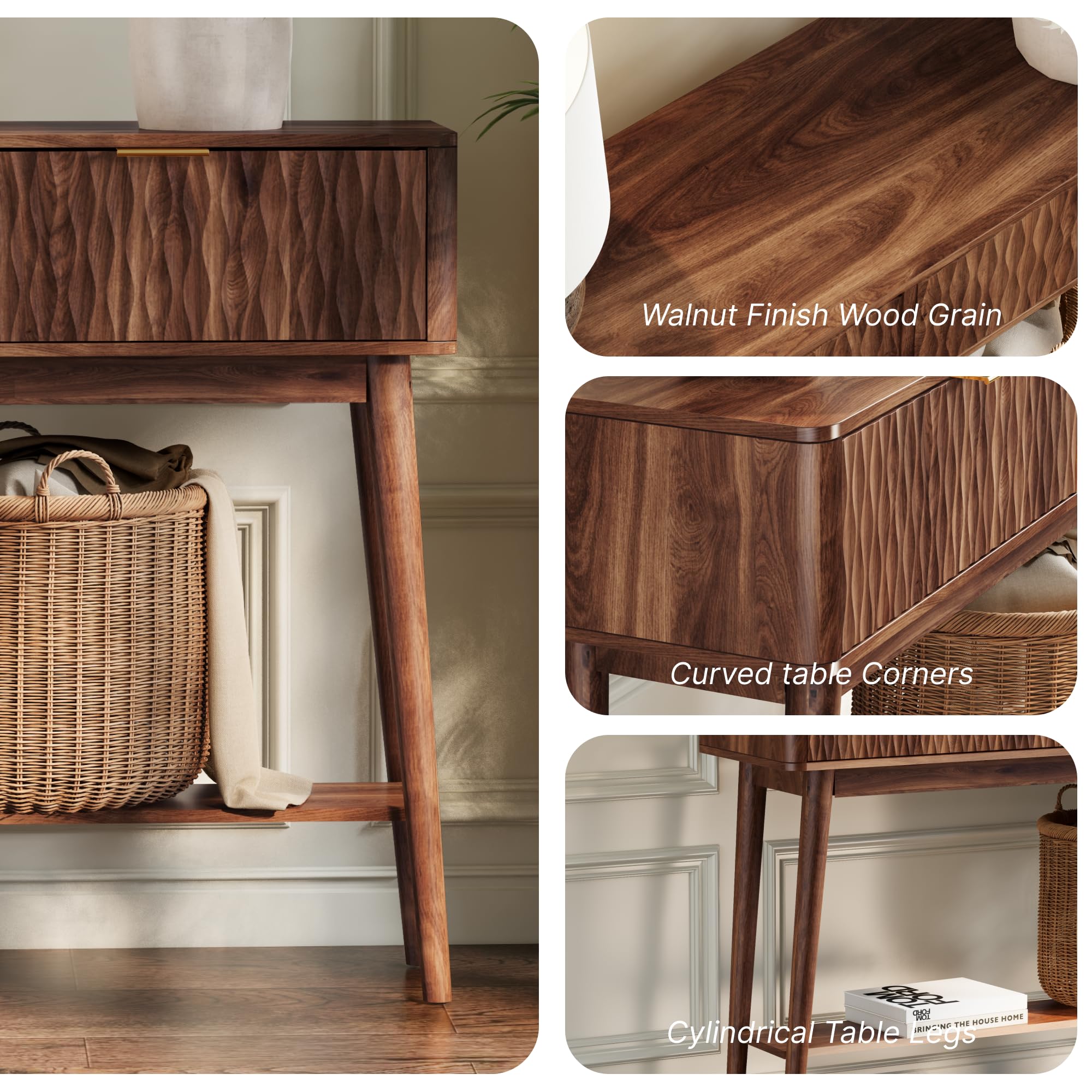 Fluted Console Table with Storage Drawers - Walnut