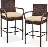 Set of 2 Wicker Bar Stools, Indoor Outdoor Bar Height Chairs w/Cushion, Footrests, Armrests for Backyard, Patio, Pool, Garden, Deck - Gray